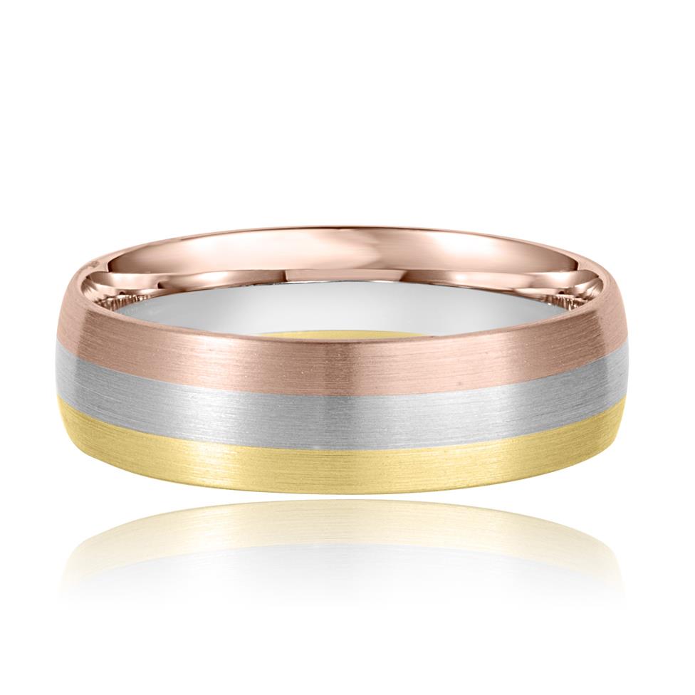 18ct Yellow, White and Rose Gold Brushed Court Wedding Band Thumbnail Image 2
