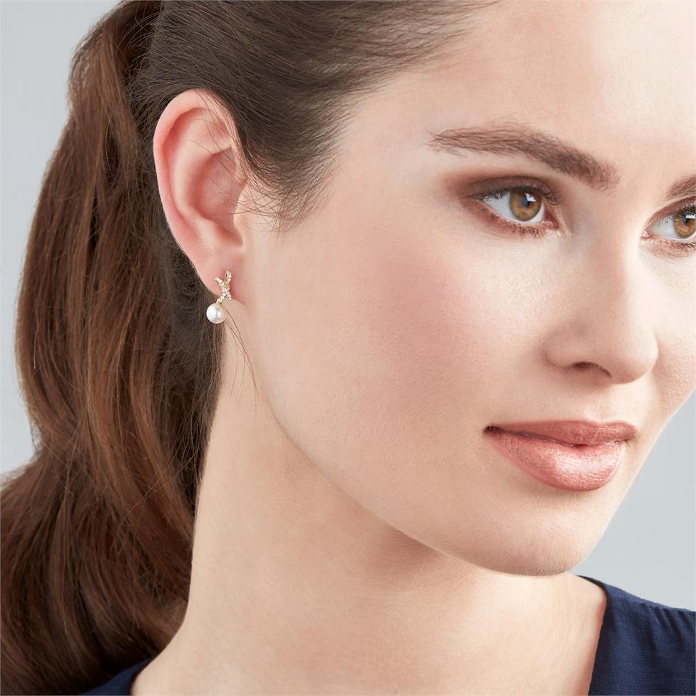 Isla 18ct Yellow Gold Bow Design Pearl and Diamond Stud Earrings Thumbnail Image 1