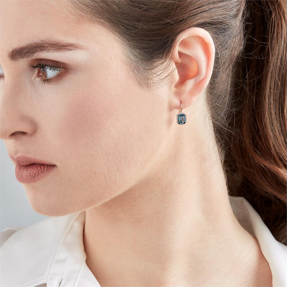 18ct Rose Gold Emerald Cut London Blue Topaz and Diamond Halo Drop Earrings Thumbnail Image 1