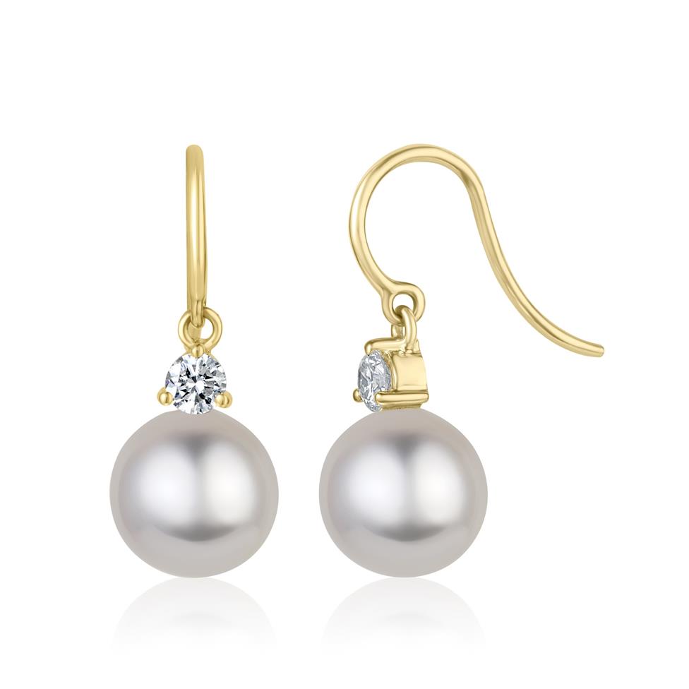 18ct Yellow Gold Akoya Pearl and Diamond Drop Earrings Thumbnail Image 0
