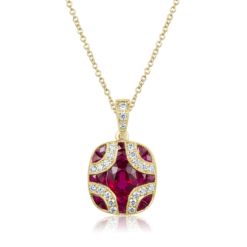 18ct Yellow Gold Vintage Design Ruby and Diamond Pendant Thumbnail Image 0