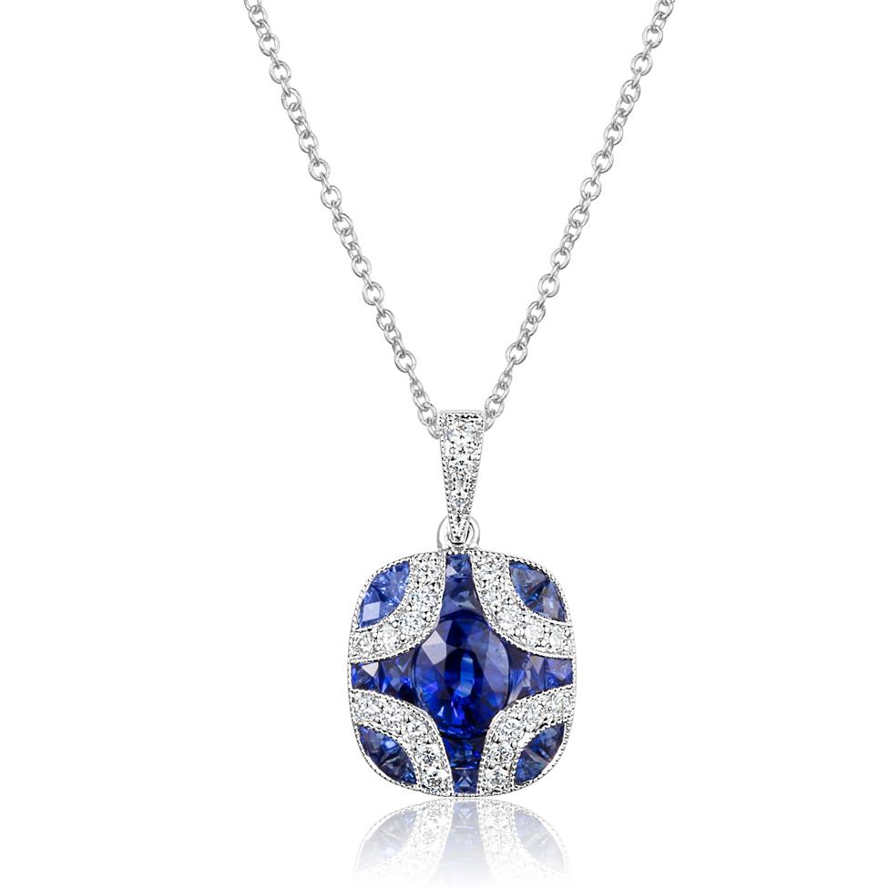 18ct White Gold Vintage Style Sapphire and Diamond Pendant Thumbnail Image 0