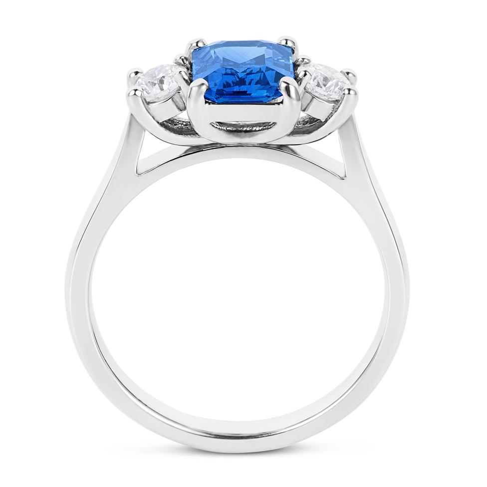 Platinum Emerald Cut Sapphire and Diamond Three Stone Engagement Ring Thumbnail Image 3