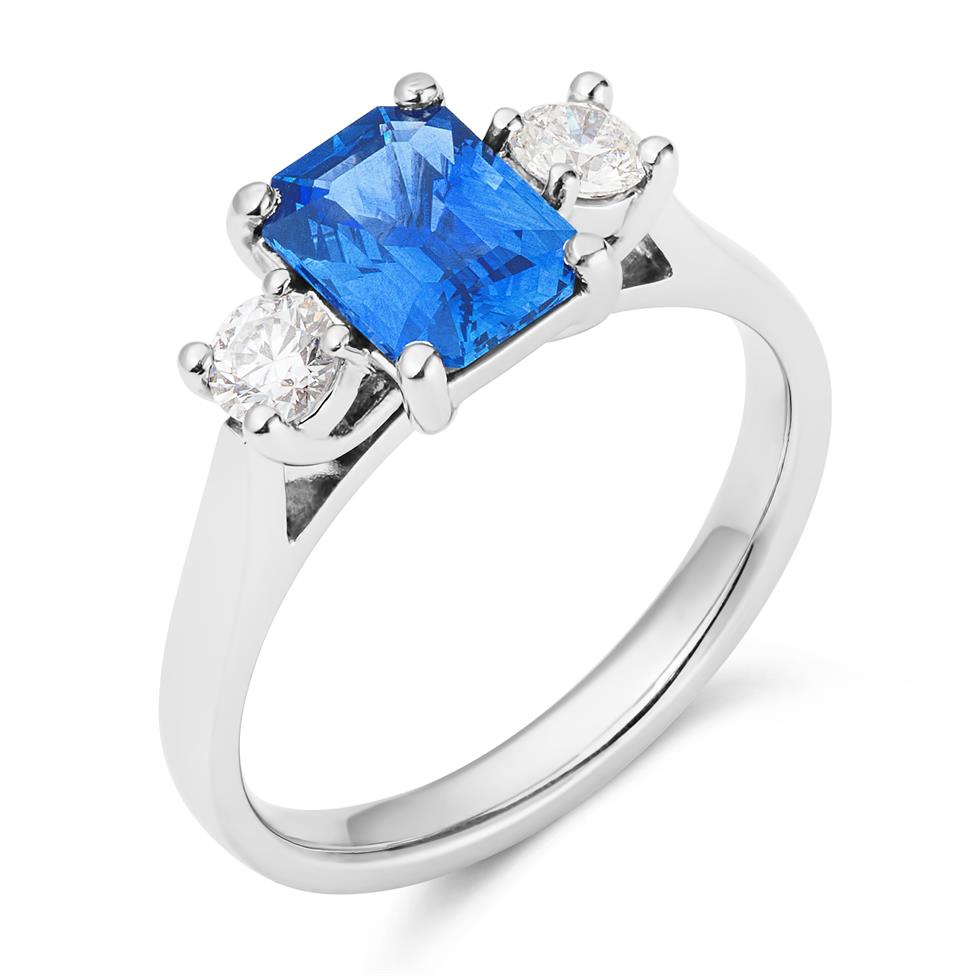 Platinum Emerald Cut Sapphire and Diamond Three Stone Engagement Ring Thumbnail Image 0