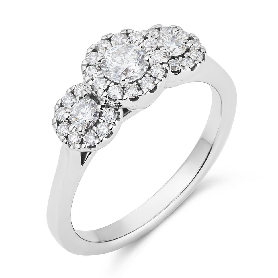 Platinum Graduated Diamond Halo Three Stone Ring Thumbnail Image 0