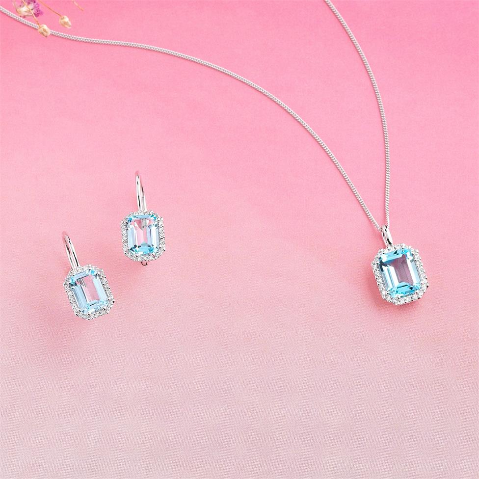18ct White Gold Emerald Cut Blue Topaz and Diamond Halo Pendant Thumbnail Image 2