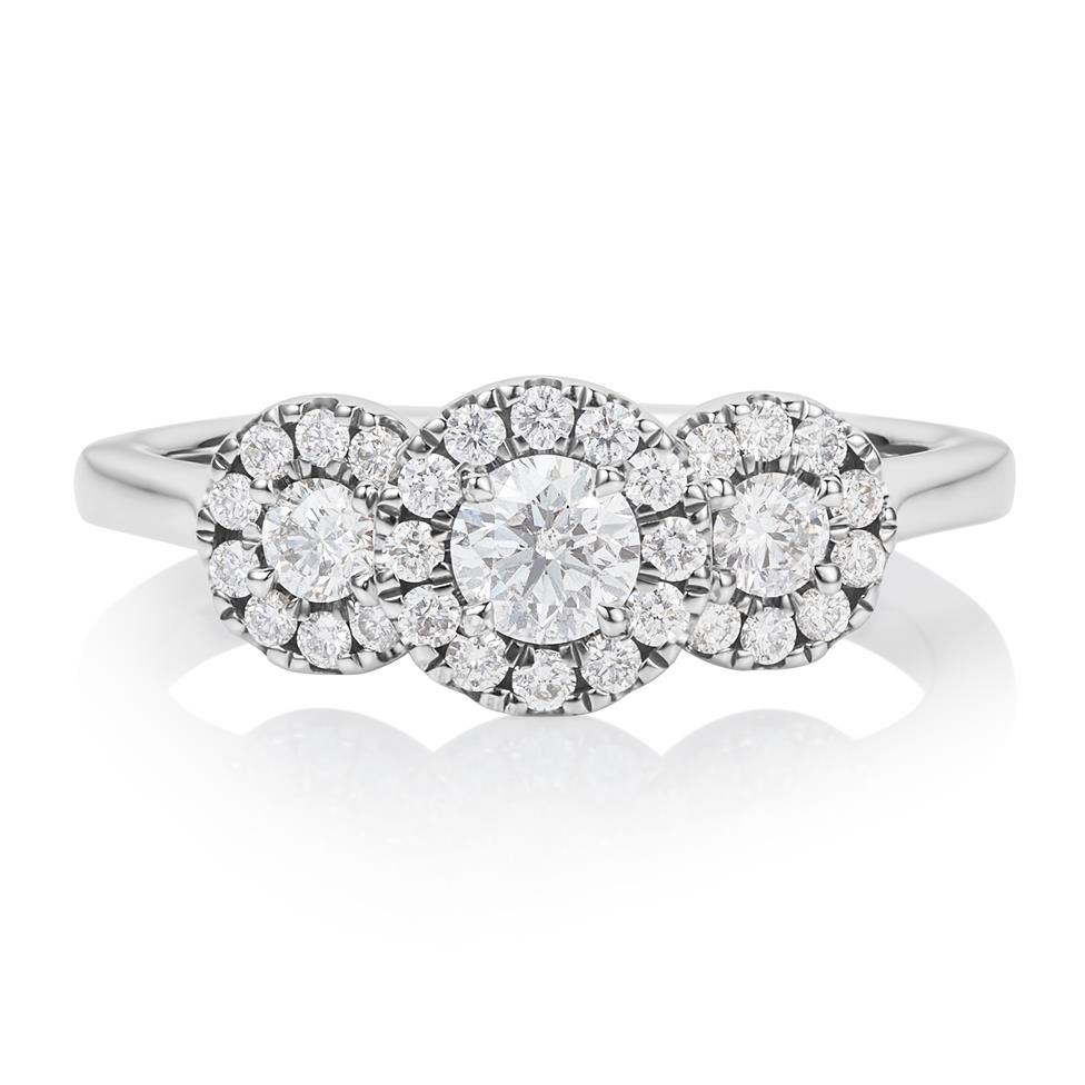 Platinum Graduated Diamond Halo Three Stone Ring Thumbnail Image 2
