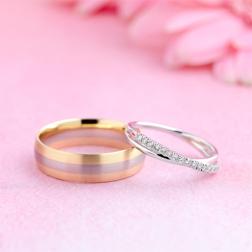 18ct Yellow, White and Rose Gold Brushed Court Wedding Band Thumbnail Image 1