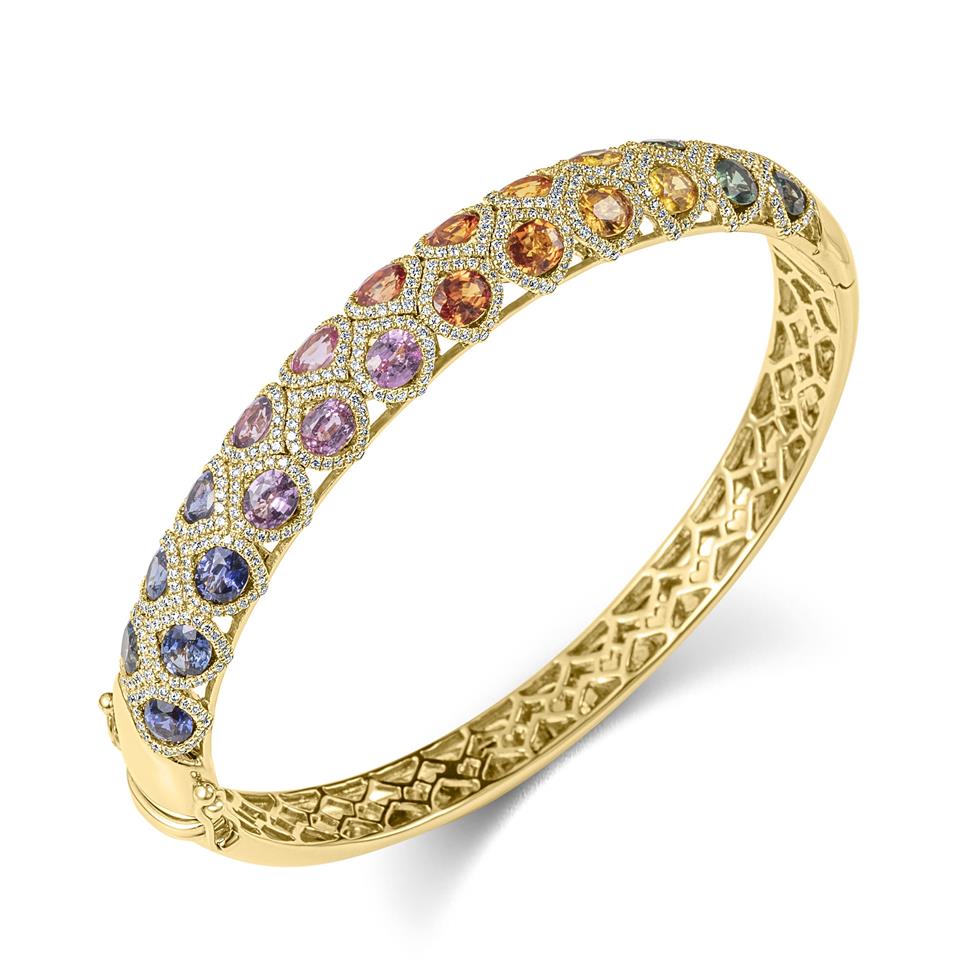 Samba 18ct Yellow Gold Rainbow Sapphire and Diamond Bangle Thumbnail Image 1
