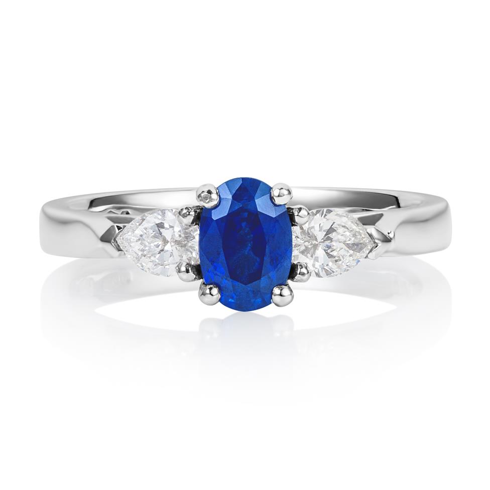 Platinum Oval Sapphire and Pear Shape Diamond Three Stone Engagement Ring Thumbnail Image 1