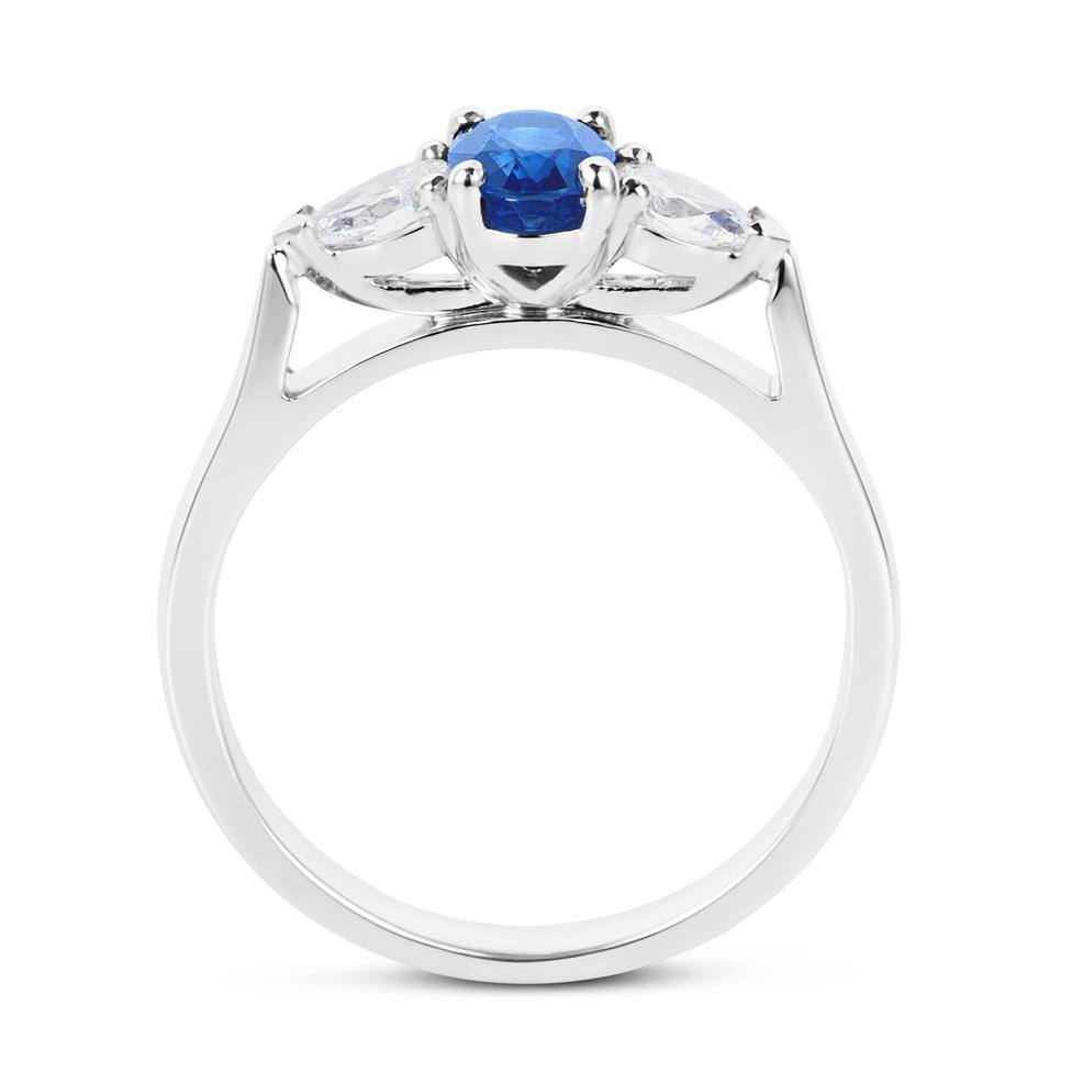 Platinum Oval Sapphire and Pear Shape Diamond Three Stone Engagement Ring Thumbnail Image 2