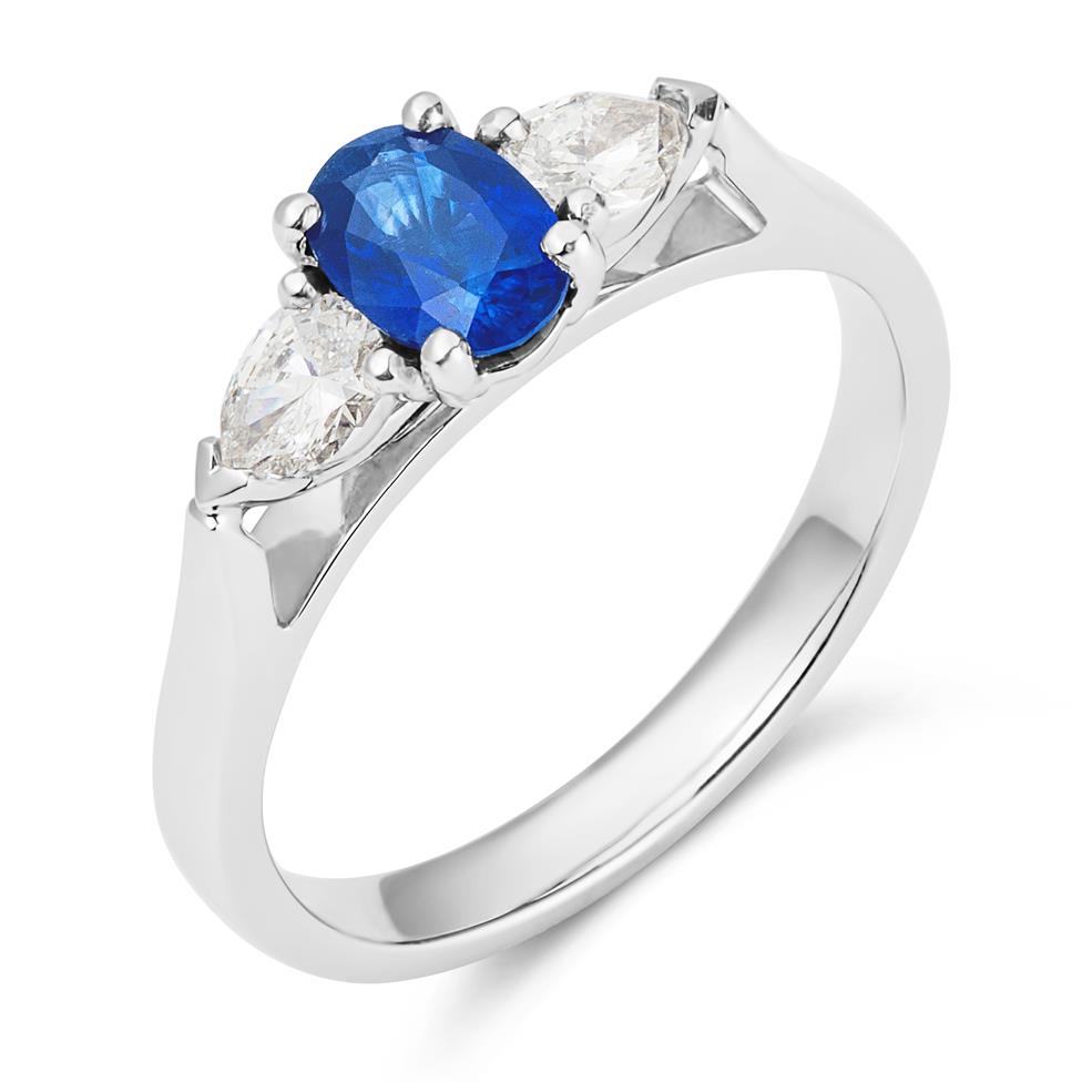 Platinum Oval Sapphire and Pear Shape Diamond Three Stone Engagement Ring Thumbnail Image 0