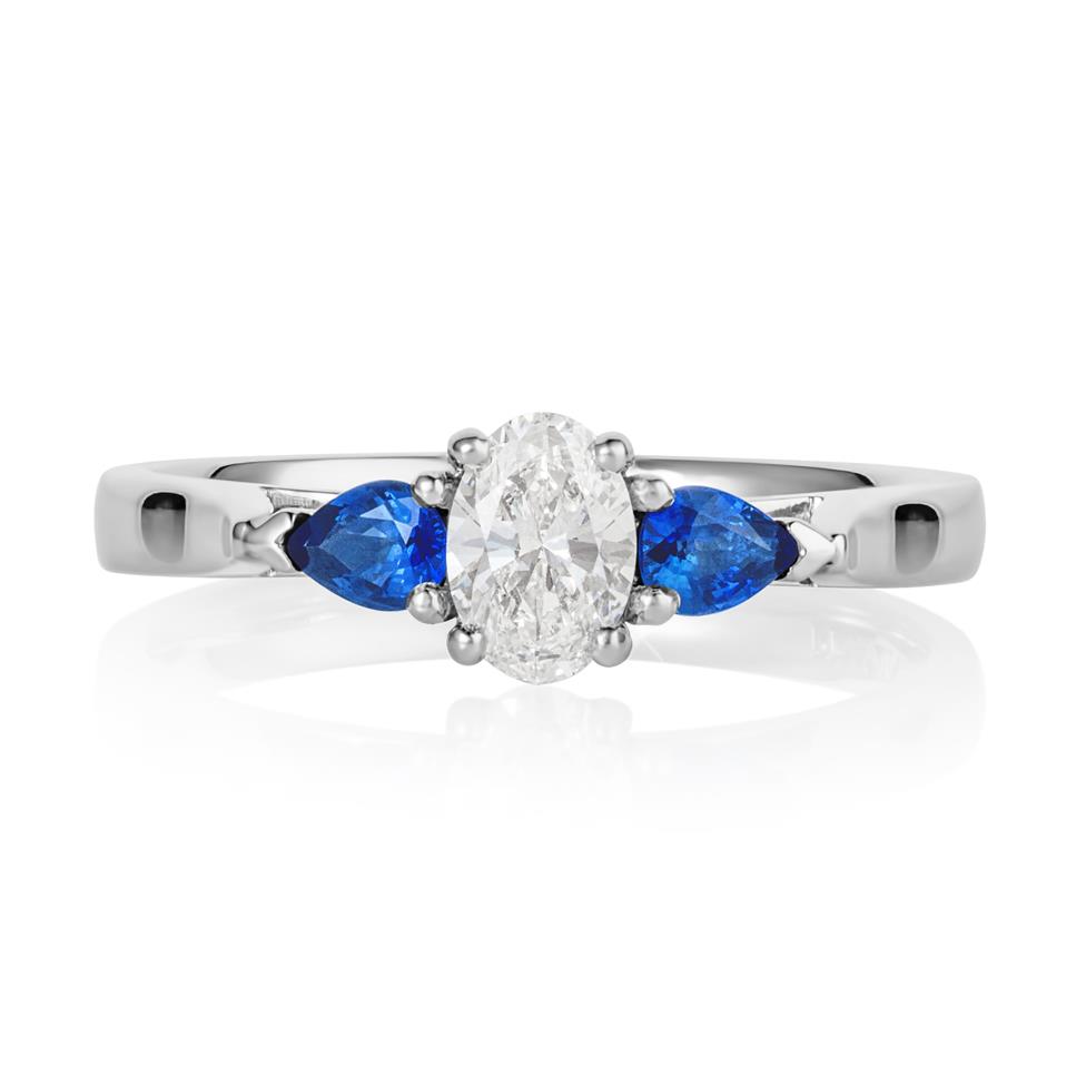 Platinum Oval Diamond and Pear Shape Sapphire Three Stone Engagement Ring Thumbnail Image 1