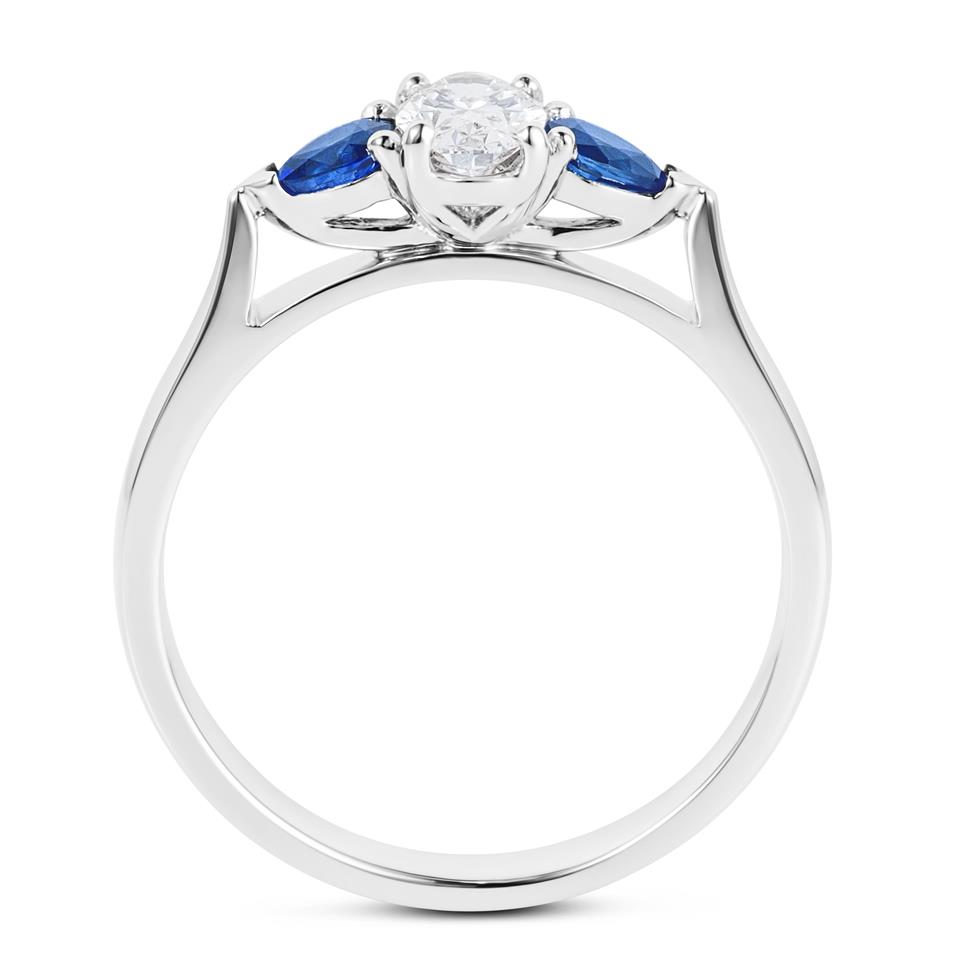 Platinum Oval Diamond and Pear Shape Sapphire Three Stone Engagement Ring Thumbnail Image 2