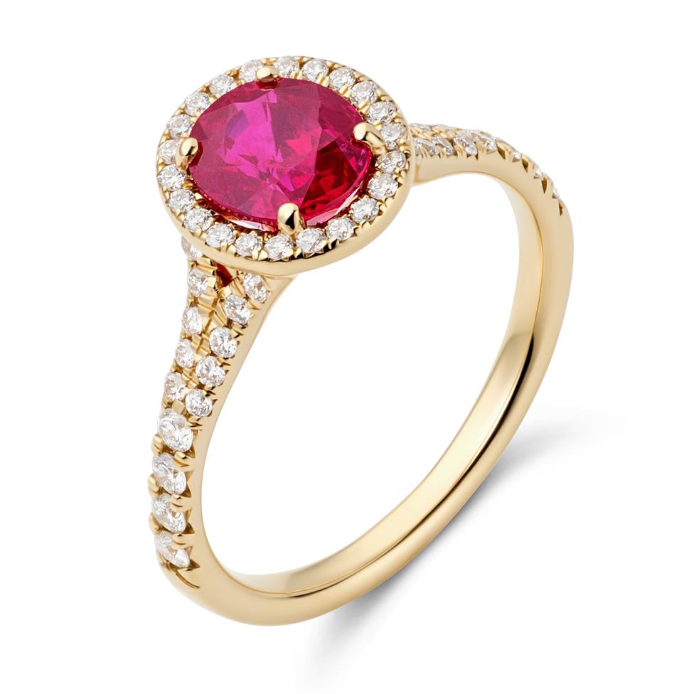 18ct Yellow Gold Oval Ruby and Diamond Halo Dress Ring Thumbnail Image 0