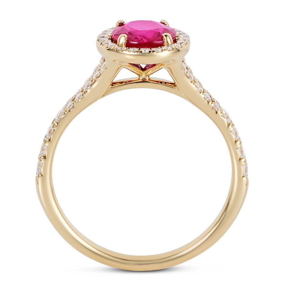 18ct Yellow Gold Oval Ruby and Diamond Halo Dress Ring Thumbnail Image 2
