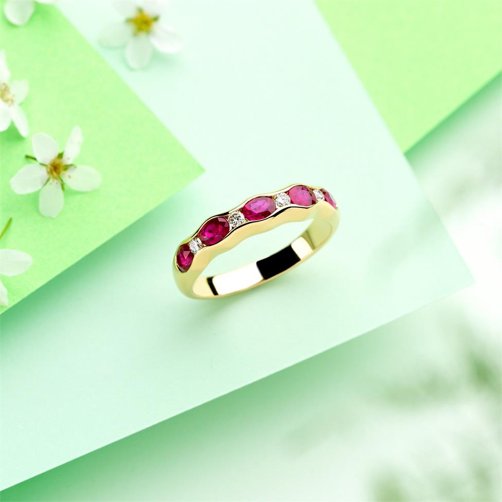18ct Yellow Gold Oval Ruby and Diamond Half Eternity Ring Thumbnail Image 3
