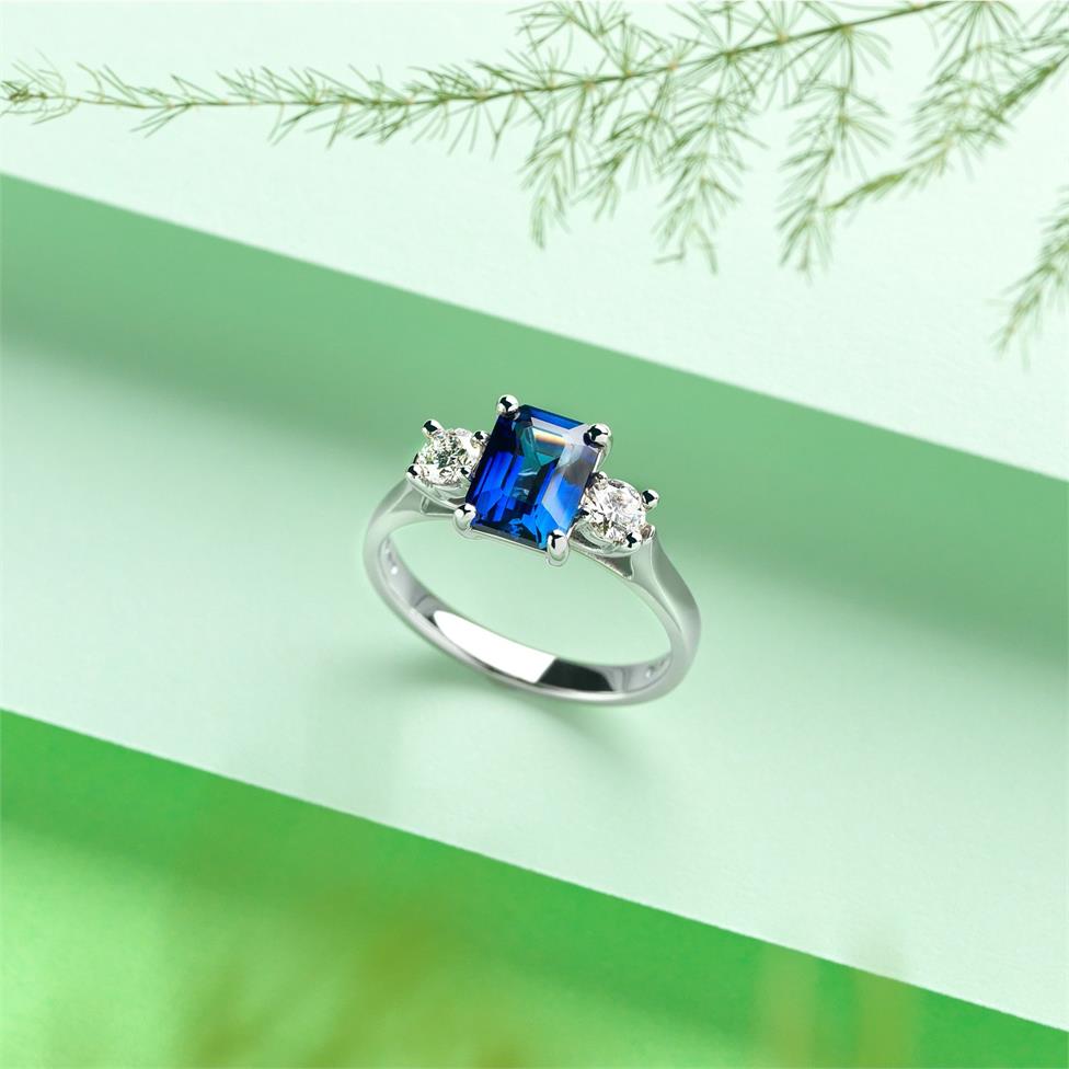 Platinum Emerald Cut Sapphire and Diamond Three Stone Engagement Ring Thumbnail Image 4