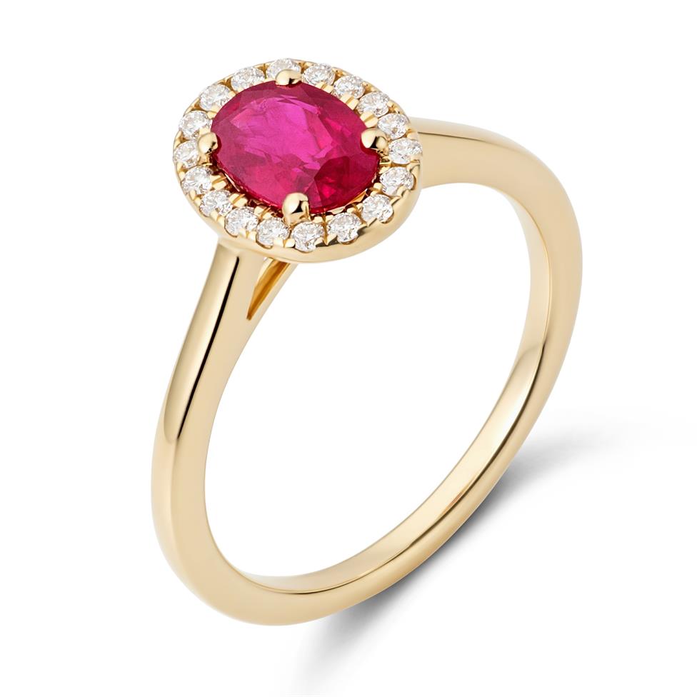 18ct Yellow Gold Oval Ruby and Diamond Halo Engagement Ring Thumbnail Image 0