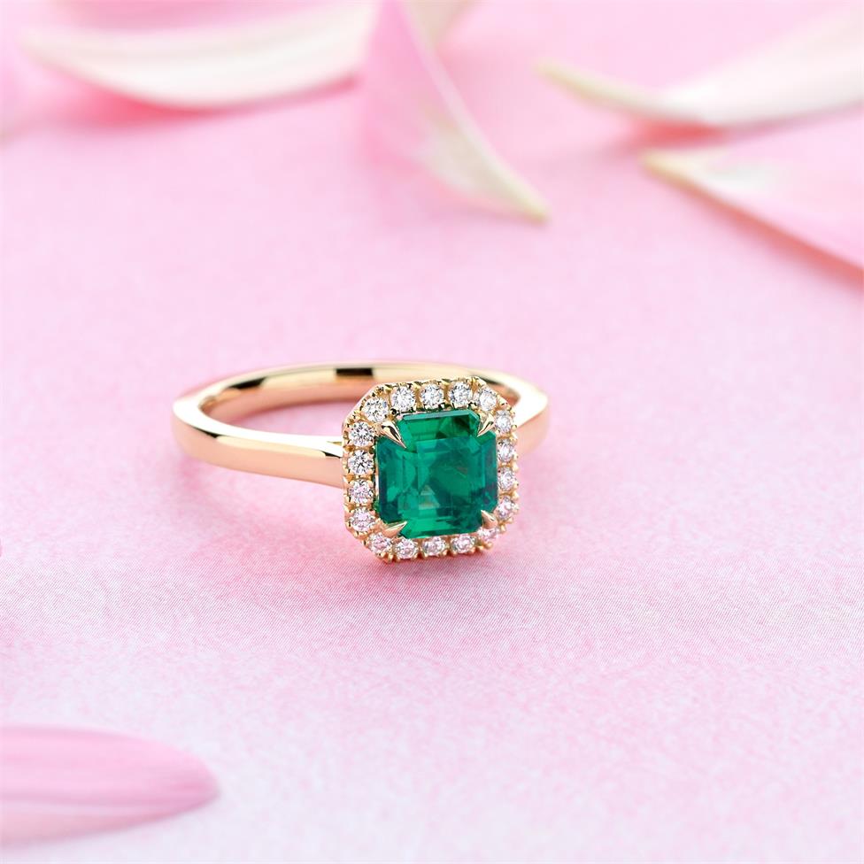 18ct Yellow Gold Asscher Cut Emerald and Diamond Halo Engagement Ring Thumbnail Image 3