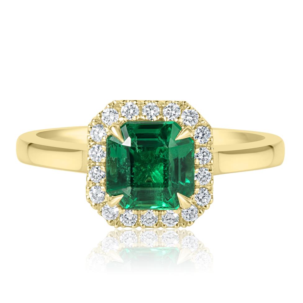 18ct Yellow Gold Asscher Cut Emerald and Diamond Halo Engagement Ring Thumbnail Image 2