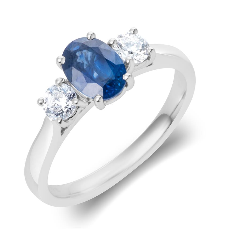 Platinum Oval Sapphire and Diamond Three Stone Engagement Ring Thumbnail Image 0