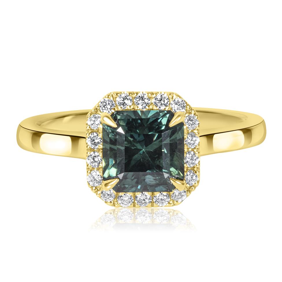 18ct Yellow Gold Radiant Cut Teal Sapphire and Diamond Halo Ring Thumbnail Image 2