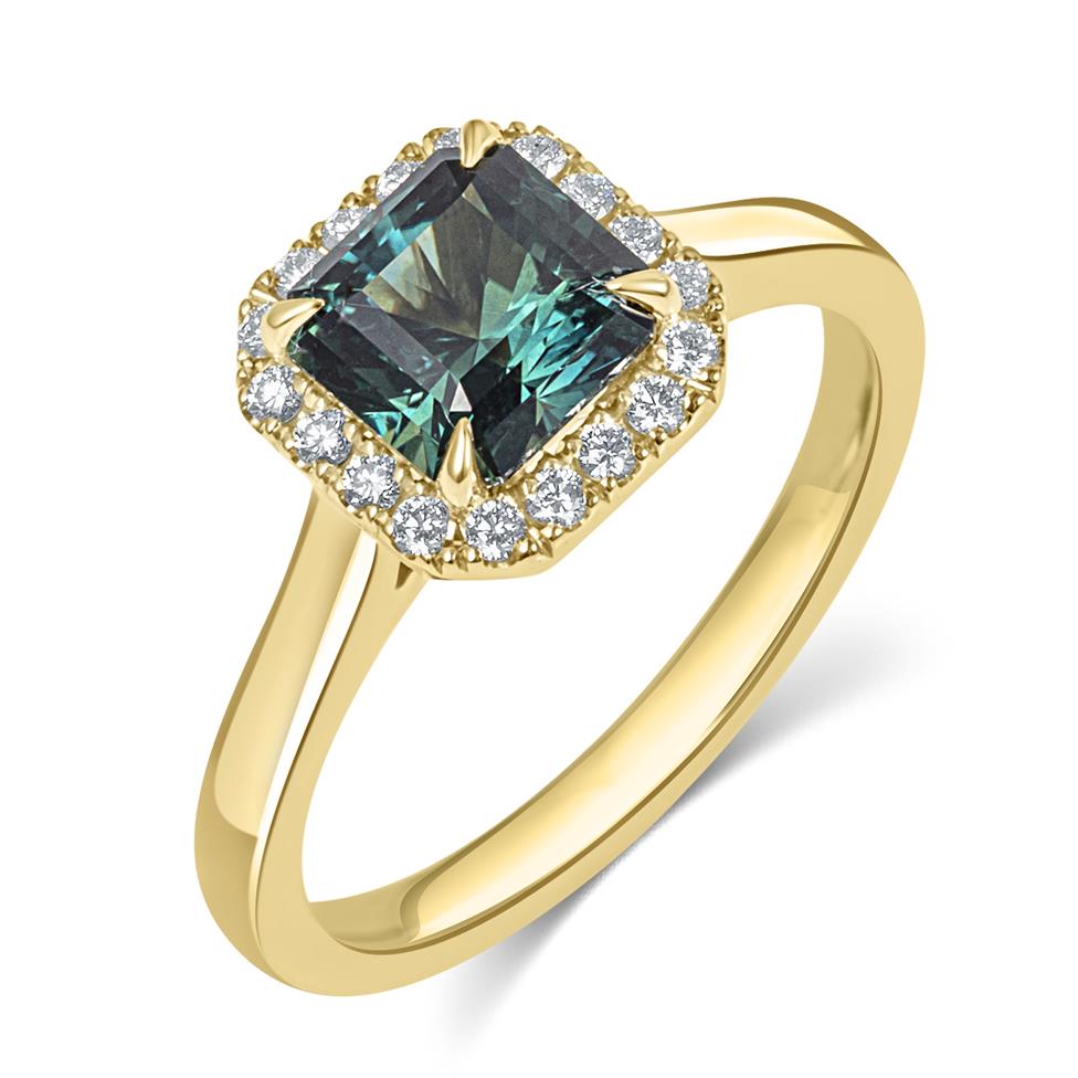 18ct Yellow Gold Radiant Cut Teal Sapphire and Diamond Halo Ring Thumbnail Image 0