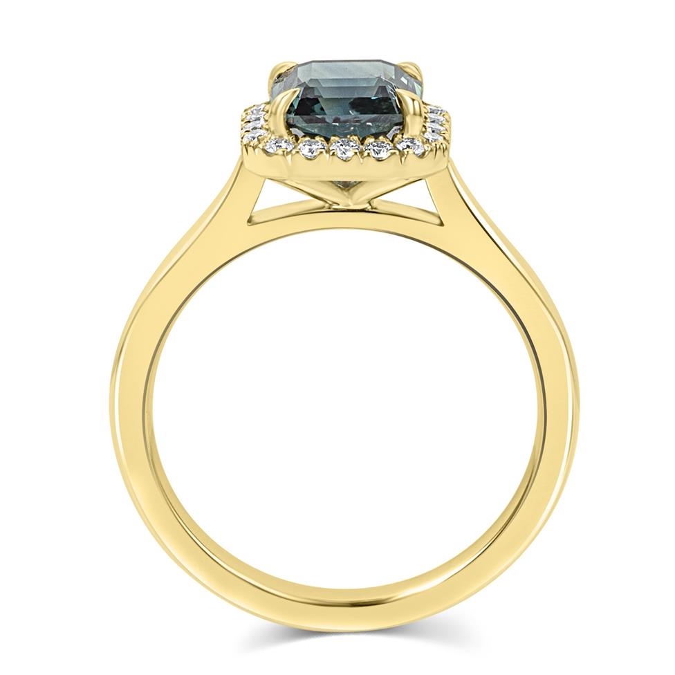 18ct Yellow Gold Radiant Cut Teal Sapphire and Diamond Halo Ring Thumbnail Image 3