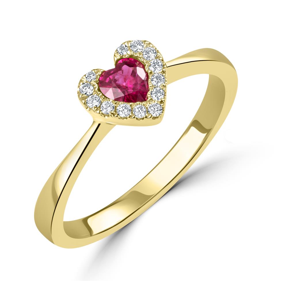 18ct Yellow Gold Heart Shape Ruby and Diamond Dress Ring Thumbnail Image 0