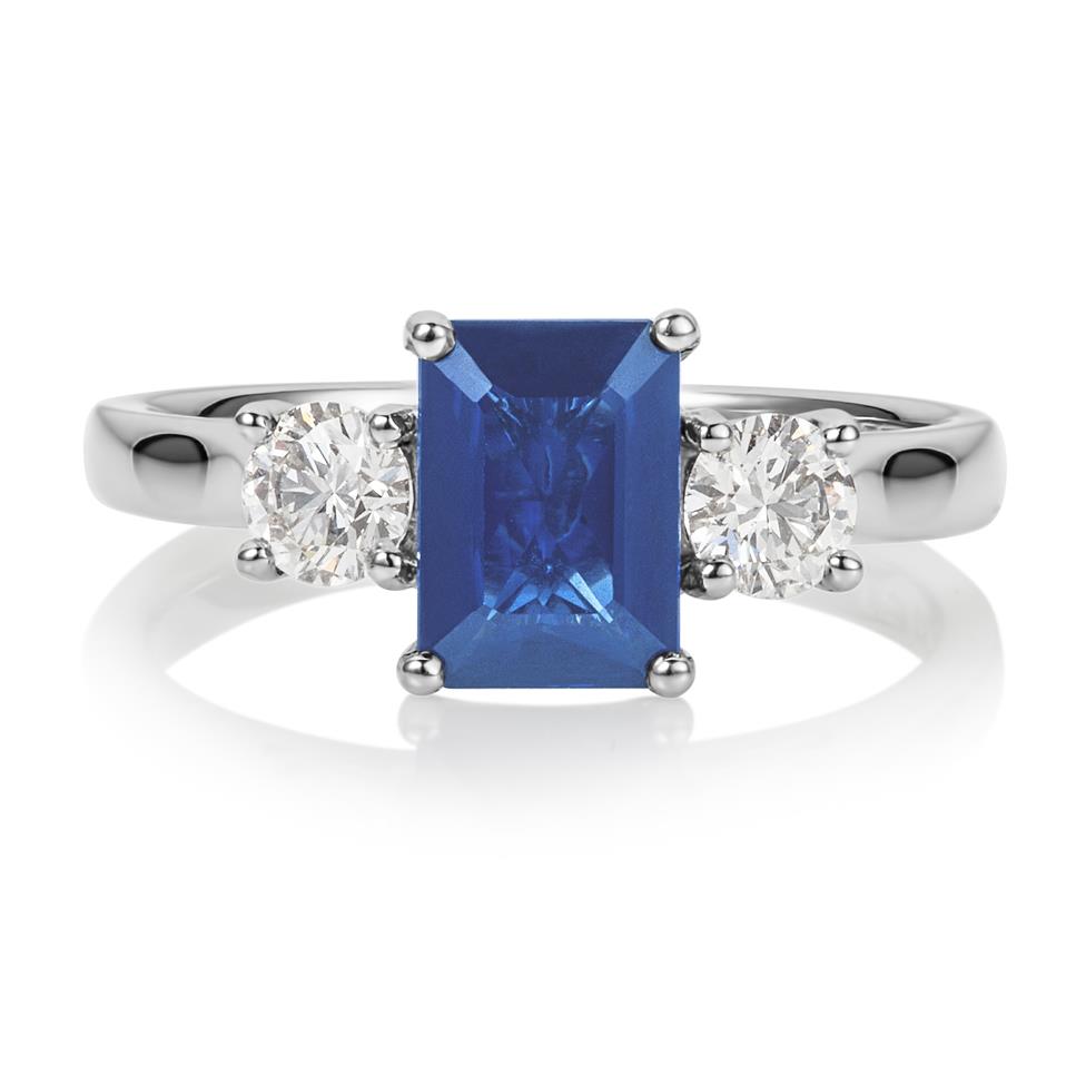 Platinum Emerald Cut Sapphire and Diamond Three Stone Engagement Ring Thumbnail Image 1