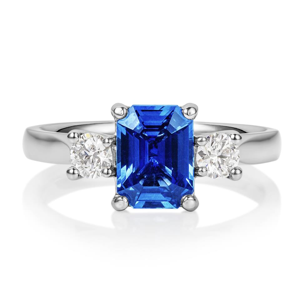 Platinum Emerald Cut Sapphire and Diamond Three Stone Engagement Ring Thumbnail Image 2