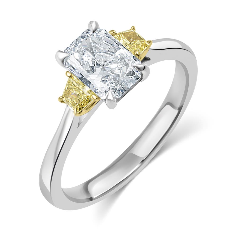 Platinum Radiant and Yellow Fancy Cut Diamond Three Stone Engagement Ring 1.20ct Thumbnail Image 0