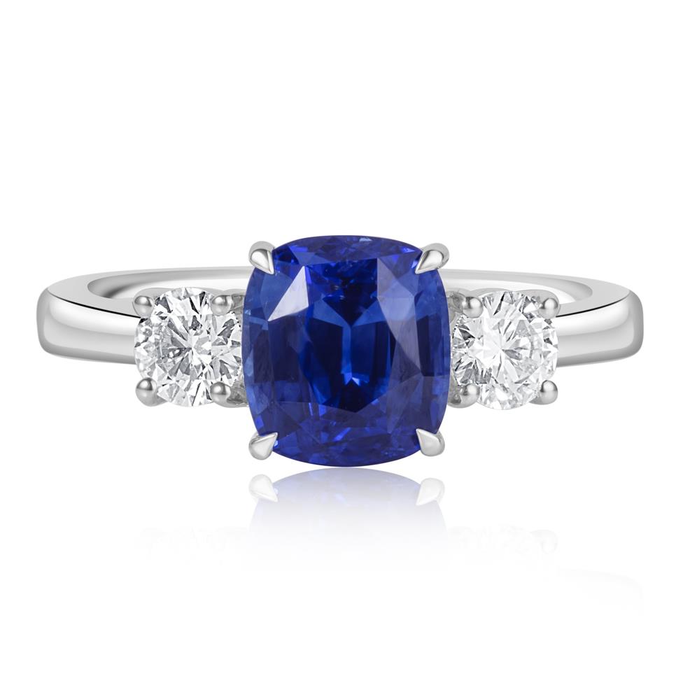 Platinum Cushion Sapphire and Diamond Three Stone Ring  Thumbnail Image 2