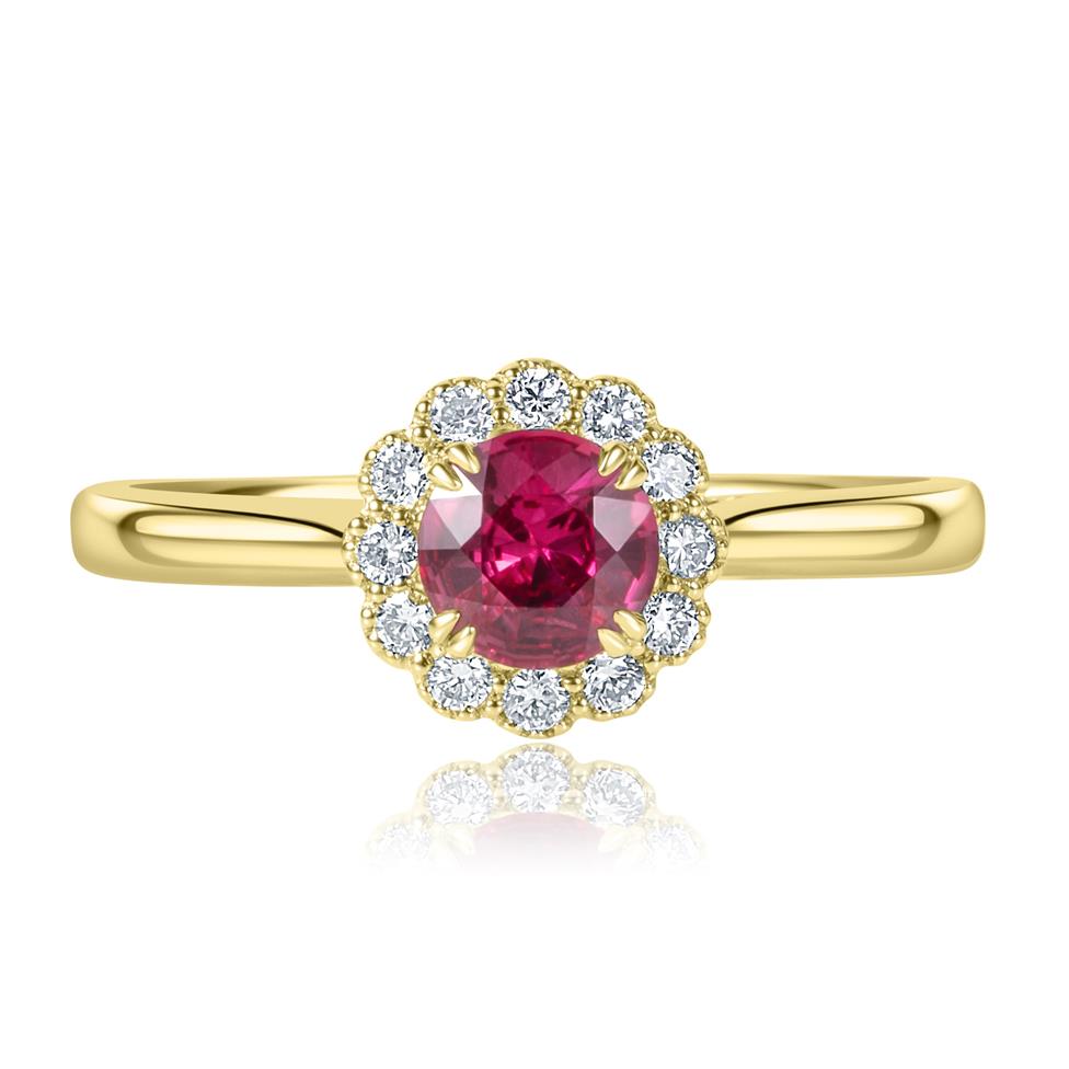 18ct Yellow Gold Vintage Inspired Round Ruby Halo Ring   Thumbnail Image 1
