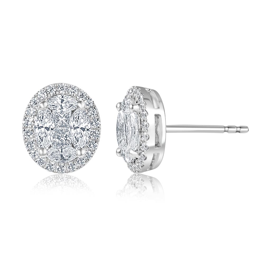 18ct White Gold Oval Illusion Set Diamond Earrings Thumbnail Image 0