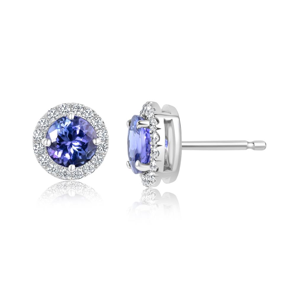 18ct White Gold Tanzanite and Diamond Halo Earrings Thumbnail Image 0