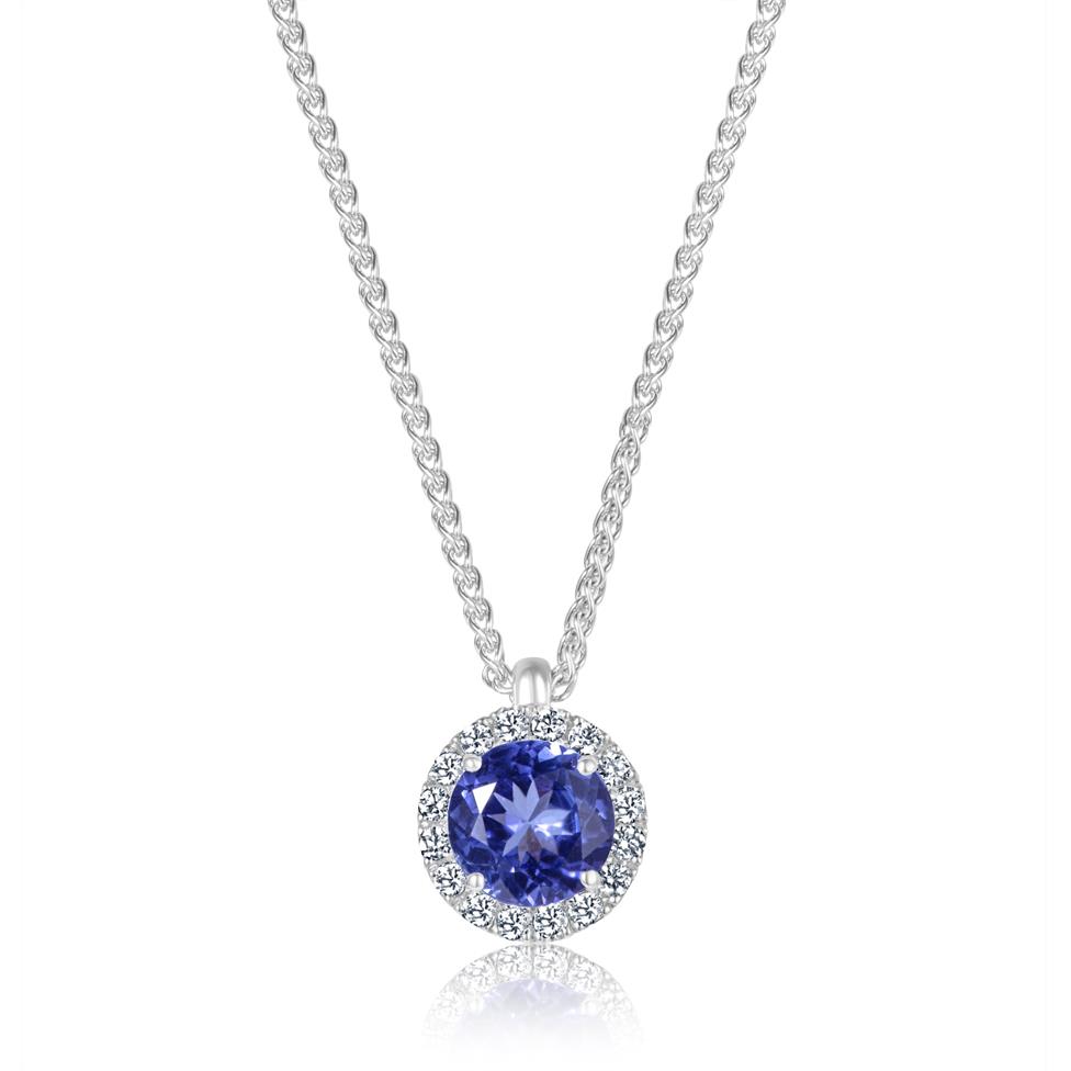 18ct White Gold Tanzanite and Diamond Halo Necklace Thumbnail Image 0