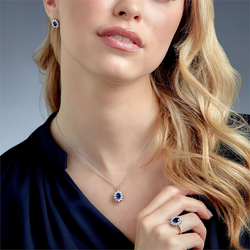 18ct White Gold Oval Sapphire and Diamond Cluster Pendant Thumbnail Image 1