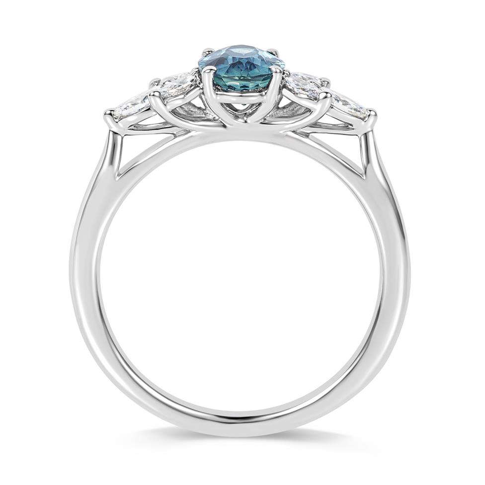 Platinum Oval Teal Sapphire and Diamond Ring Thumbnail Image 3