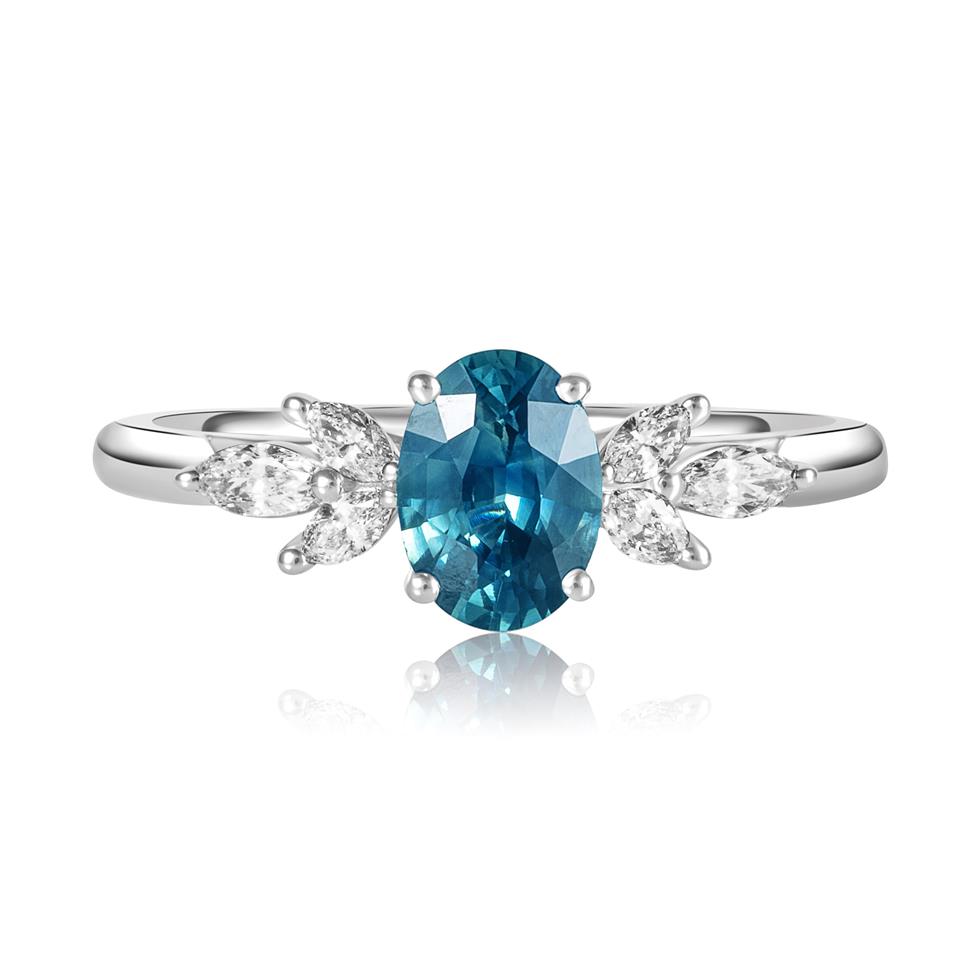 Platinum Oval Teal Sapphire and Diamond Ring Thumbnail Image 2