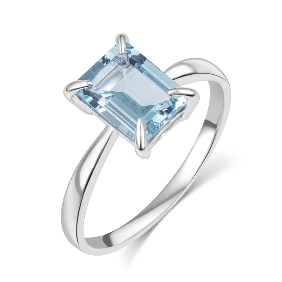 18ct White Gold Emerald Cut Blue Topaz Ring Thumbnail Image 0
