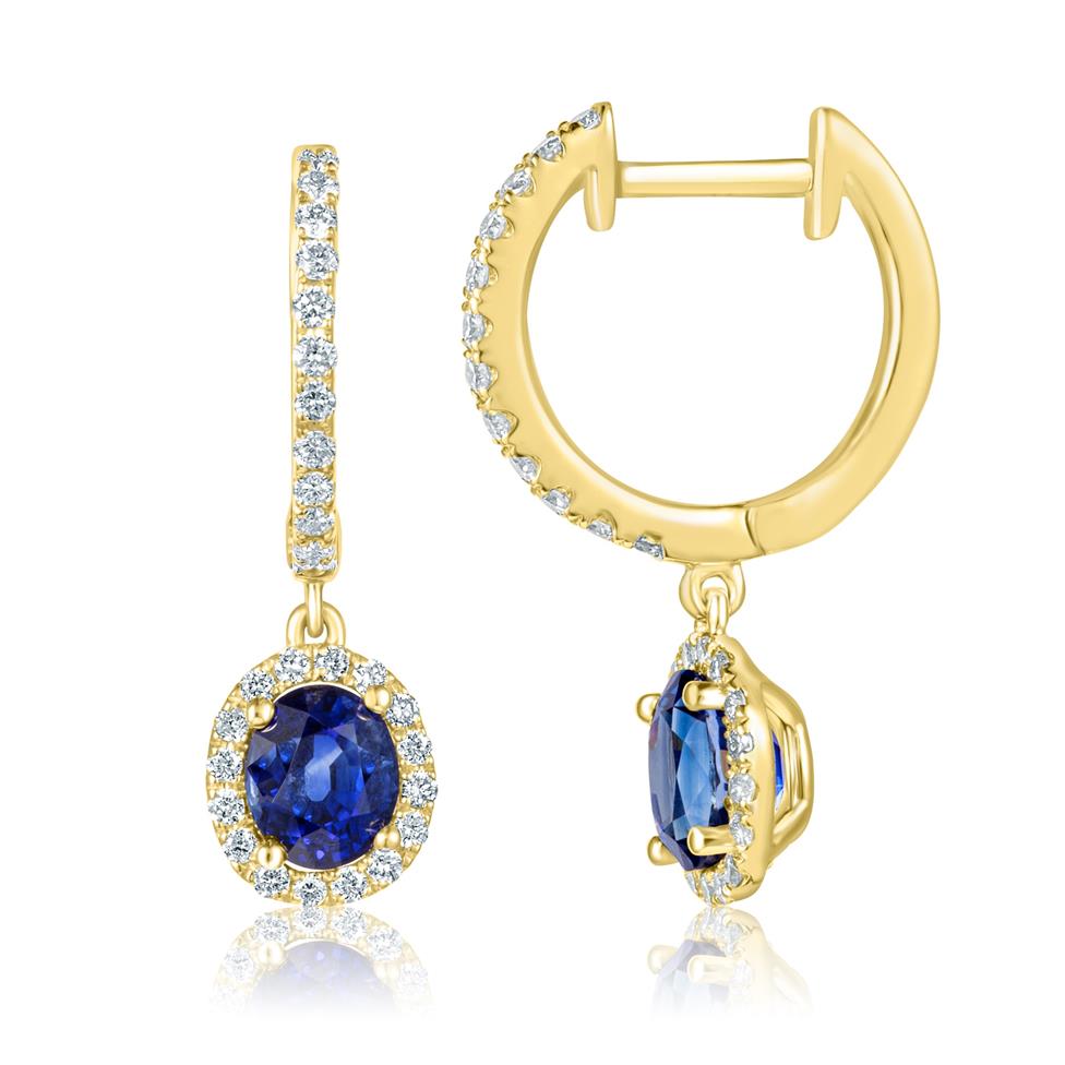 18ct Yellow Gold Oval Sapphire and Diamond Drop Earrings Thumbnail Image 0
