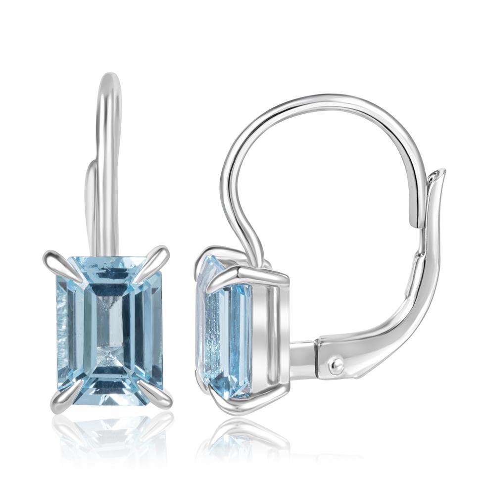 18ct White Gold Emerald Cut Blue Topaz Drop Earrings Thumbnail Image 0