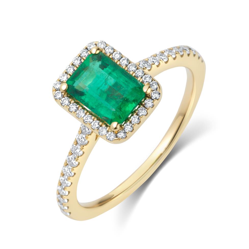 18ct Yellow Gold Emerald and Diamond Halo Engagement Ring Thumbnail Image 0