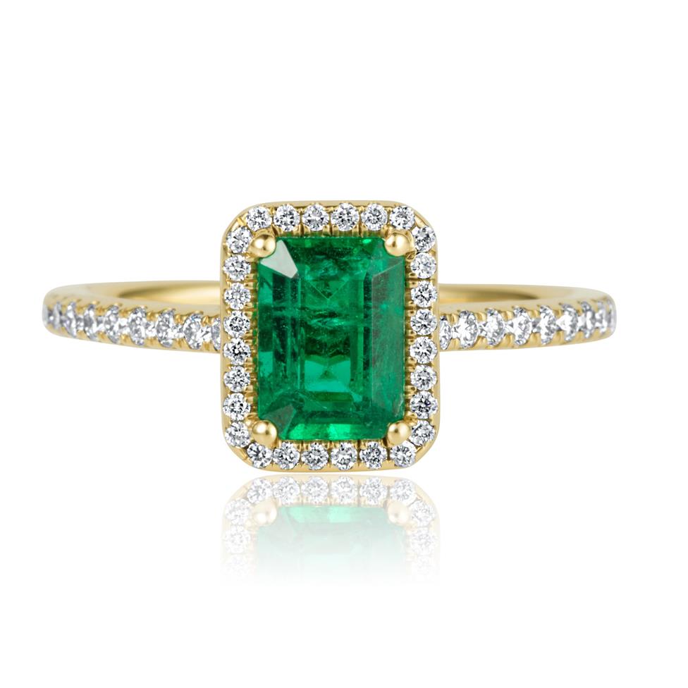 18ct Yellow Gold Emerald and Diamond Halo Engagement Ring Thumbnail Image 2