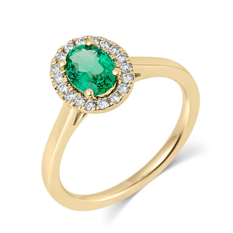 18ct Yellow Gold Oval Emerald and Diamond Halo Engagement Ring Thumbnail Image 0
