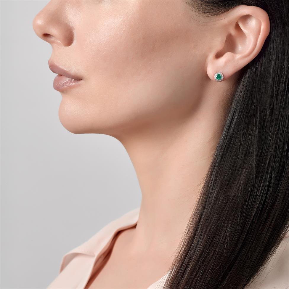 Camellia 18ct White Gold Emerald and Diamond Halo Stud Earrings Thumbnail Image 1