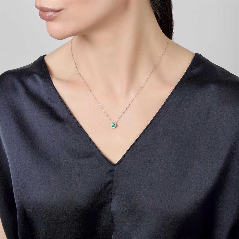 Camellia 18ct White Gold Emerald and Diamond Halo Necklace Thumbnail Image 1