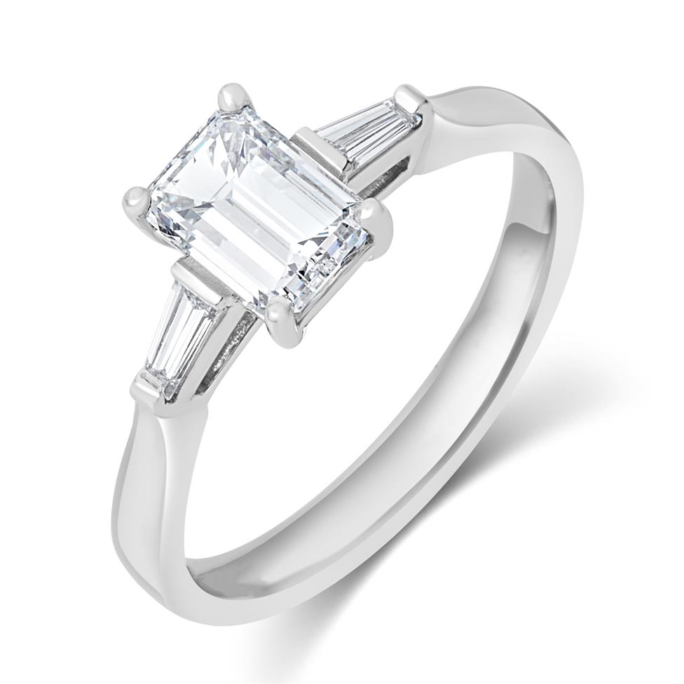 Platinum Emerald Cut and Baguette Cut Diamond Three Stone Engagement Ring 1.22ct Thumbnail Image 0